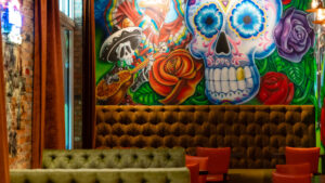 Mexican restaurant interior skull wall